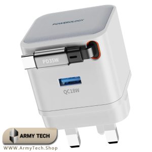 شارژر دیواری پاورولوجی PWC032 GaN 35W Powerology کابل جمع شو